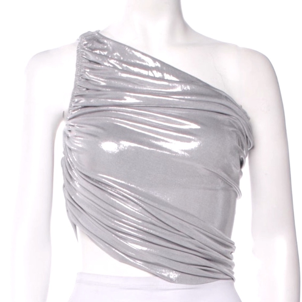 Norma Kamali One-Shoulder Shimmery Silver Top